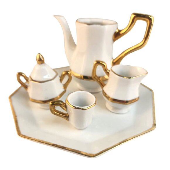 Miniature Formalities Baum Bros Dollhouse Tea Set White & Gold Porcelain Accent - Picture 4 of 12
